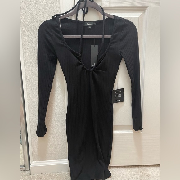 NWT Lulu Hug and Kiss Ribbed Knit Tie- Neck Long Sleeve Mini Dress - Picture 3 of 4